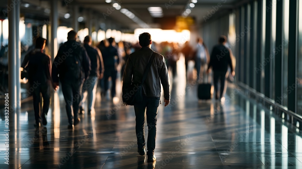 Fototapeta premium A man walks down a long airport corridor with other travelers moving toward bright sunlight ahead