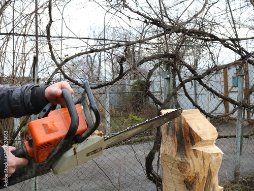 A man's hands firmly grip a chainsaw, cutting through a vertically positioned log. Creating a wooden figure or craft using a handheld chainsaw in a private yard with trees and a fence.