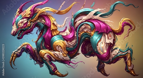 Abstract Dragon Sculpture with Gold, Teal, and Magenta Accents