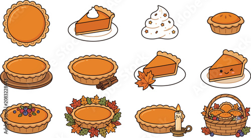 Set of Cute Pumpkin Pie Illustrations for Thanksgiving Harvest Holidays
