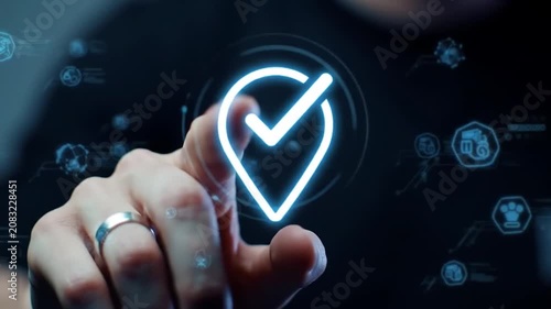Hand touching glowing digital checkmark and location pin icon for verification