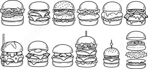 Gourmet Burger Line Art Icon Set – Cheeseburgers, Chicken Burgers, Bacon Burgers and Fast Food Outline Collection