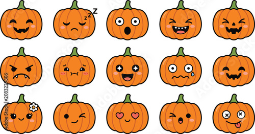 Set of Cute Halloween Pumpkin Characters with Various Emotional Expressions