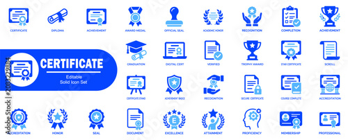 Foto Certificate and diploma achievement solid icons set