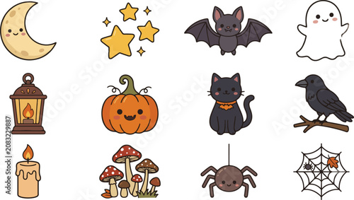 Cute Kawaii Halloween Vector Elements Set with Ghost Pumpkin Bat and Cat