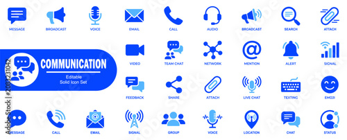 Communication solid icon set. Editable strokes, including symbols for messages and calls. Vector Illustration.
