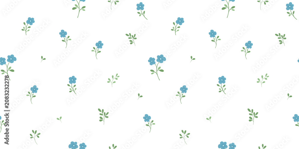 Fototapeta premium Seamless floral pattern with miniature blue flowers and leaves, small blossom on white background, vector repeating backdrop