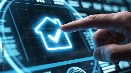 Hand touching neon house icon with checkmark on digital screen for real estate.