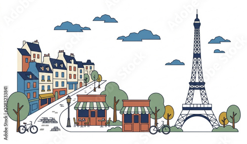 Paris street landscape with eiffel tower and traditional cafe vector illustration isolated on white background