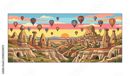 Obraz na płótnie Hot air balloons flying over Cappadocia valley at sunset vector illustration