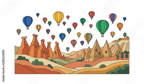 Fotografie Cappadocia valley landscape with colorful hot air balloons flying in sky vector