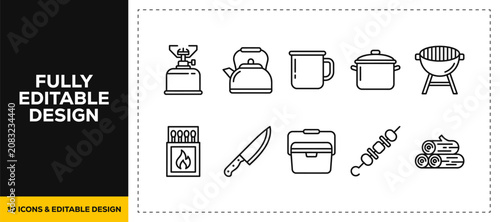 flat vector illustration line art icon bundle set design featuring outdoor camping cooking portable stoves grilling pots and nature food preparation graphics for UI UX