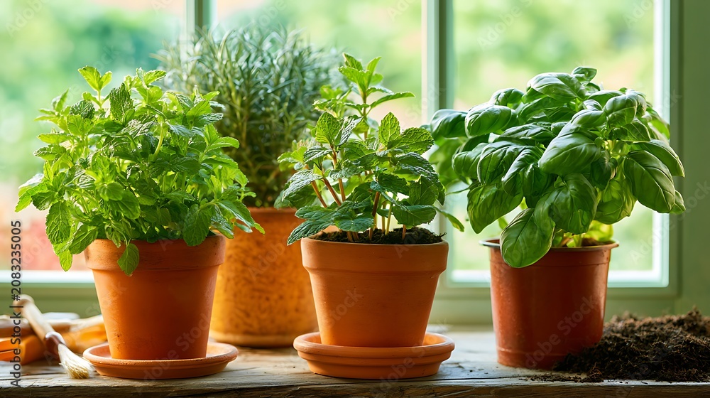 Fototapeta premium Fresh potted herbs including mint and basil on a sunny wooden windowsill
