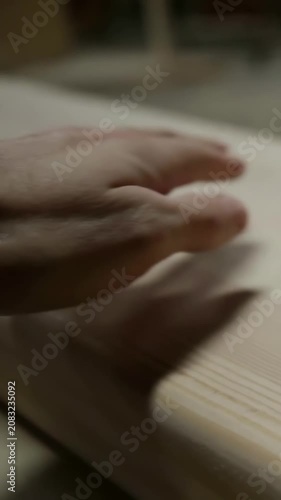 Vertical video: Touching board gliding right hand in dark cuff along workbench checking grain, ring