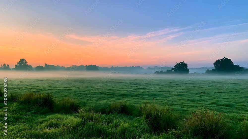 Obraz premium Serene sunrise over a misty green meadow with a colorful orange and pink sky.