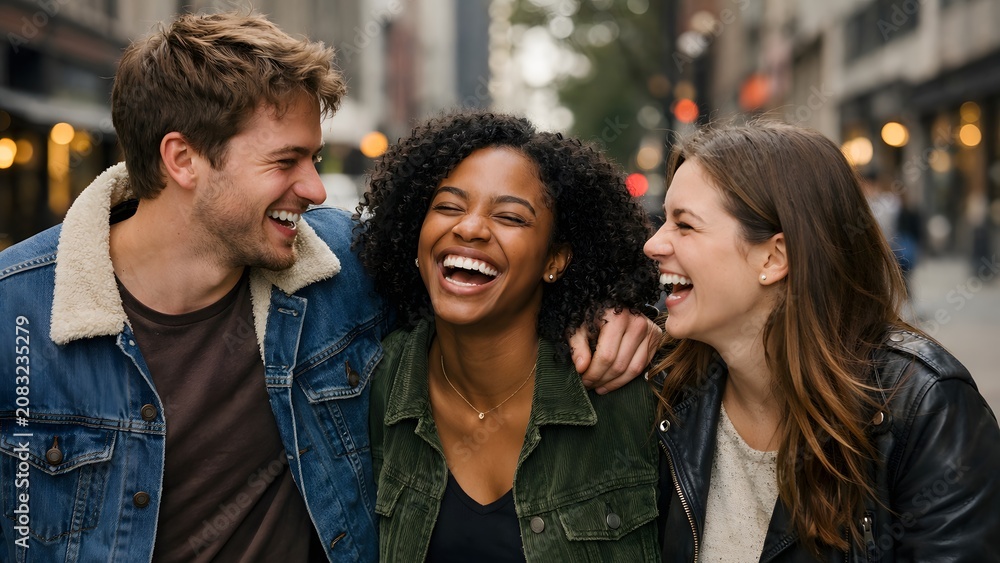 Fototapeta premium Three diverse young friends laughing heartily together on a city street, sharing a moment of joy and connection