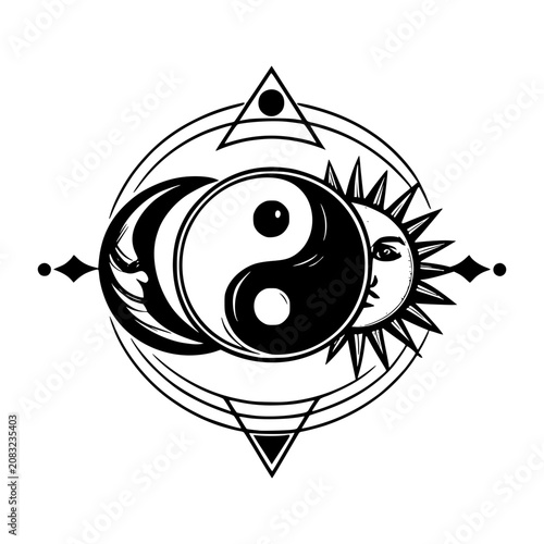 Celestial Harmony: A symbolic representation of cosmic balance, featuring a yin and yang symbol embraced by the sun and moon, set within geometric celestial design.