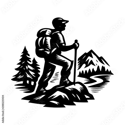 Summit Seeker: A lone hiker, equipped with a backpack and trekking pole, stands atop a rocky outcrop, gazing at the majestic mountain peaks ahead, symbolizing adventure and the pursuit of new heights.