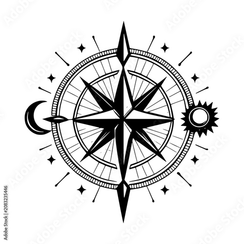 Celestial Compass Rose: A stylized compass rose with intricate celestial elements, featuring a sun and moon, symbolizing navigation and the cosmos.