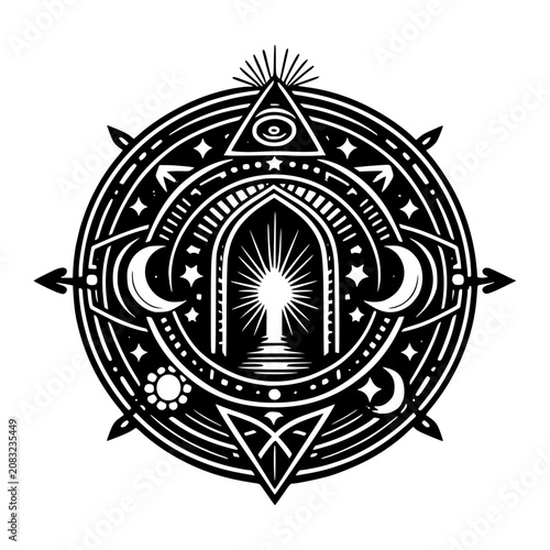 Mystical Compass of Enlightenment: An intricate circular design symbolizing ancient wisdom, spiritual journey, and cosmic awareness, featuring an all-seeing eye, celestial bodies.