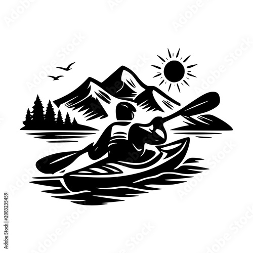Kayaking Adventure in Mountains: A lone kayaker paddles across a serene lake surrounded by majestic mountains and pine trees, under a bright sun, embodying freedom and adventure.