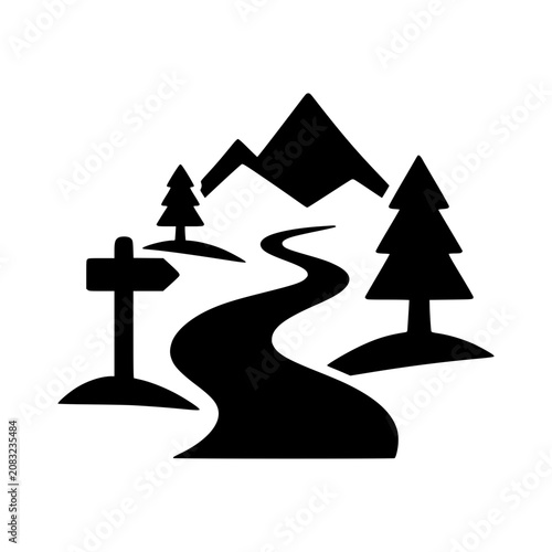 Scenic Pathway: A winding path leads through a mountainous landscape, flanked by trees and a directional sign, inviting exploration and adventure.