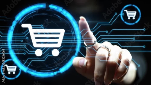Human hand touching digital shopping cart interface icon.