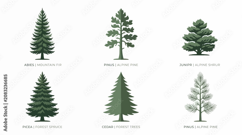 Obraz premium Various conifer tree illustrations