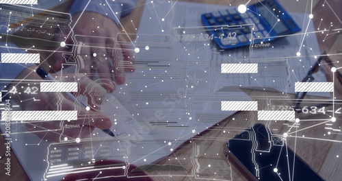 Hands entering, aligning pages, placing pen, writing for review while network overlay animating