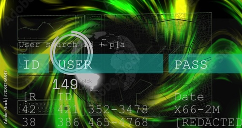 User-search HUD scanning globe on search input, cycling numbers, showing redacted data for security