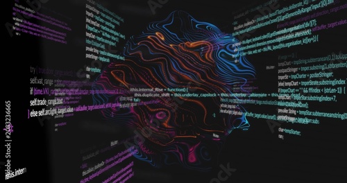 On play neon sculpture rotating while code panels sliding, scrolling forming face to show tech flow