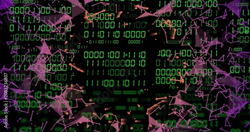 Vertical image: Central green binary matrix pulsing and drawing polygons framing for tech data
