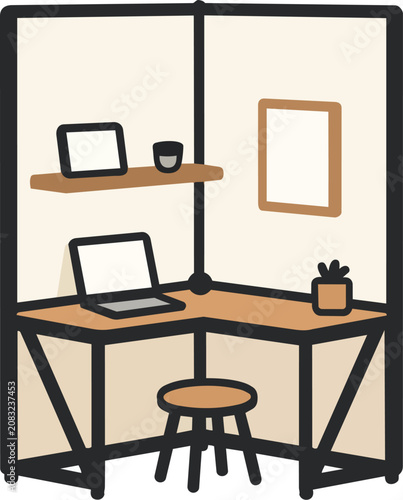Minimalist L-shaped corner desk home office cubicle vector illustration. Modern workspace setup with laptop, shelf, stool, and plant in a clean line art style