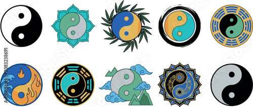 Photos Yin and Yang Vector Icon Set Featuring Traditional Taoist Symbols with Bagua Tri