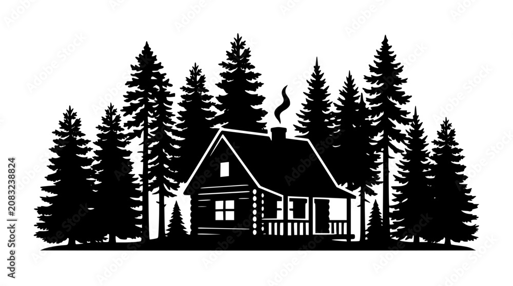 Obraz premium Cozy log cabin silhouette in a dense pine forest landscape