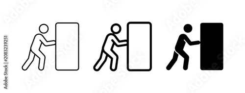 Bild auf Leinwand Pushing Icon Set, Person Moving Object, Effort and Force Vector Graphics, Busine