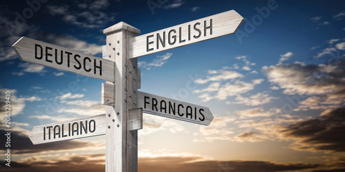 Fotografia English, Deutsch, Francais, Italiano - wooden signpost with four arrows - 3D ren