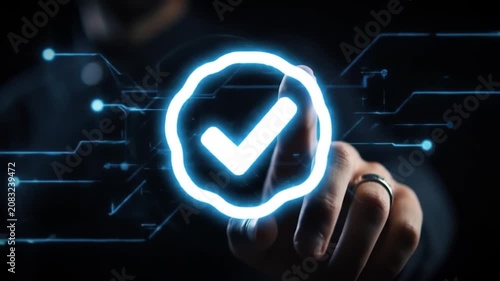 Person touching glowing blue digital checkmark icon