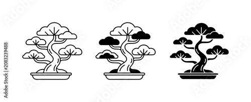 Fotografie Bonsai Tree Icons, Miniature Plant Art, Japanese Garden Symbols, Black and White