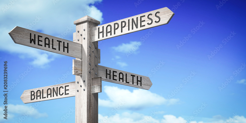 Fototapeta premium Happiness, Wealth, Health, Balance - wooden signpost with four arrows - 3D rendering