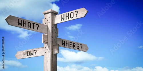 Who, What, Where, How - wooden signpost with four arrows - 3D rendering