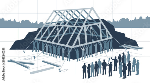 Group of people raising a house frame teamwork concept