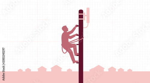 Lineman Climbing Utility Pole for Antenna Repair Flat Illustration