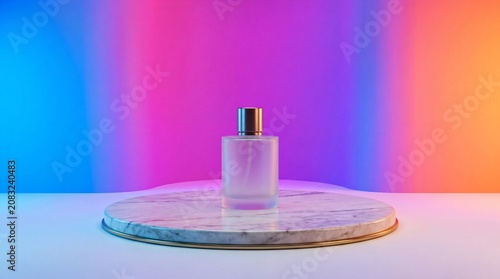 Frosted Glass Perfume Bottle on Marble Podium with Vibrant Neon Gradient Background