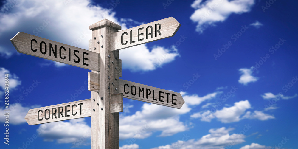 Fototapeta premium Clear, Concise, Complete, Correct - wooden signpost with four arrows - 3D rendering
