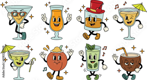 Vászonkép Retro Vintage Groovy Cocktail Character Element Set Featuring Cartoon Alcoholic