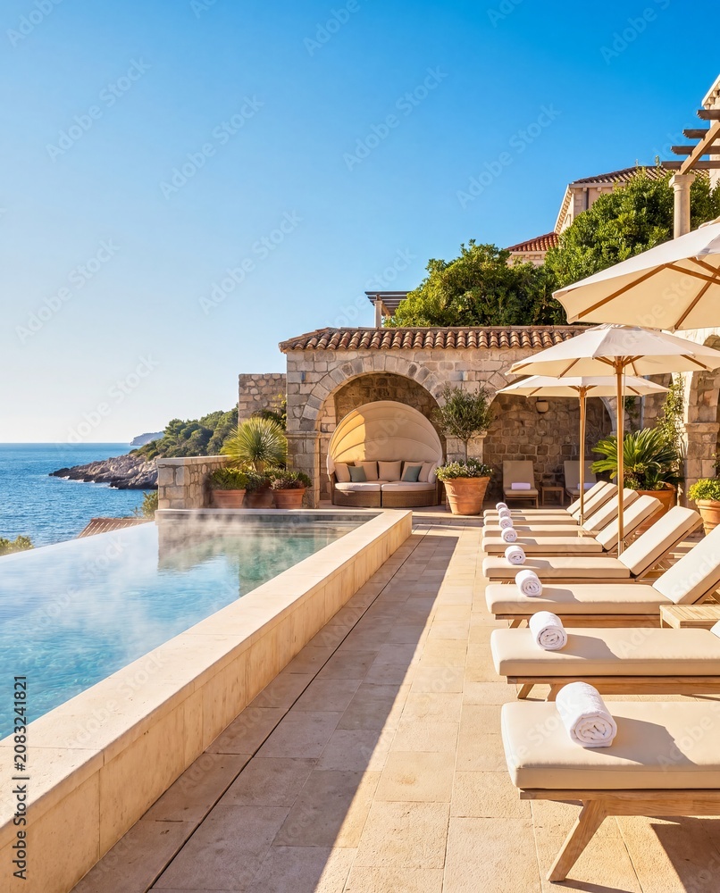 Fototapeta premium Luxury Mediterranean resort swimming pool with coastal views