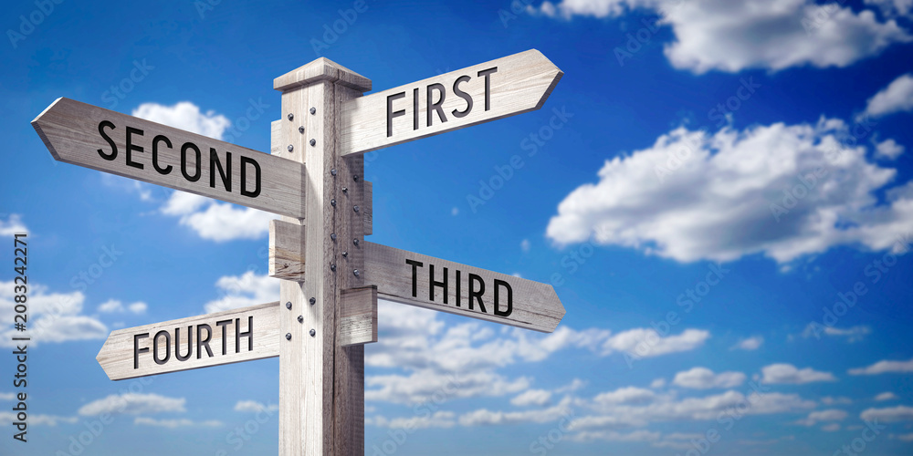 Fototapeta premium First, Second, Third, Fourth - wooden signpost with four arrows - 3D rendering