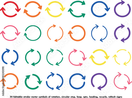 Slika na platnu Set of 30 editable stroke vector symbols of rotation, circular loop, sync, loading, recycle, refresh signs