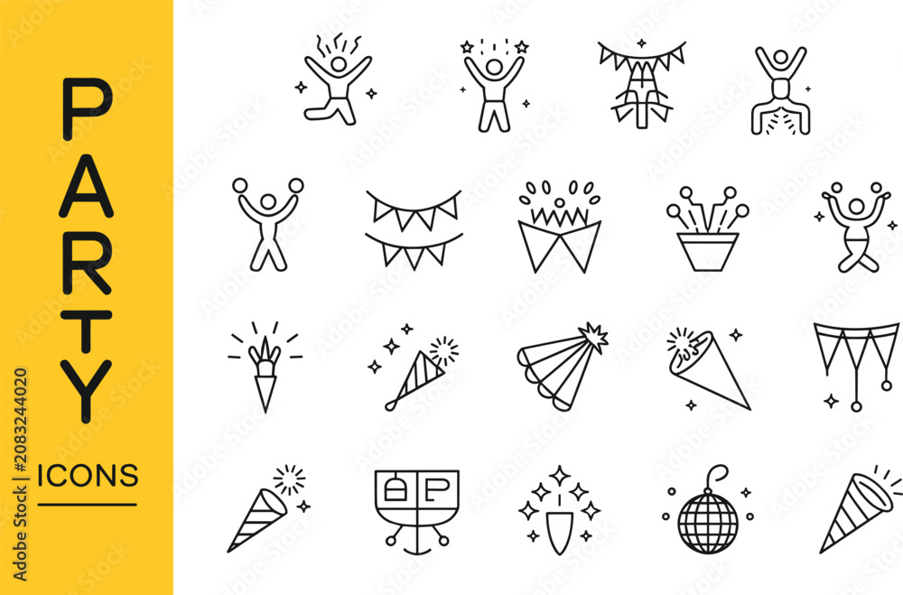 Fototapeta premium Party icons, celebration vector set, line art party elements, confetti icons, fun doodles, event symbols, dance, music, drink, joy